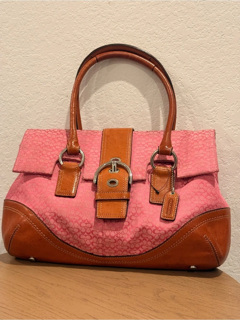Coach Y2K Pink Canvas and Tan Leather Shoulder Satchel